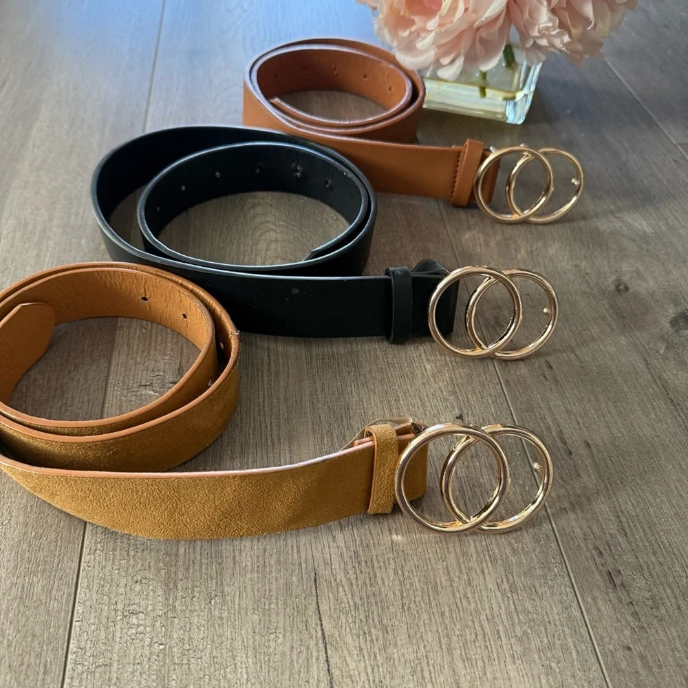 3 Leather Gold Tone Double‎ Circle Faux Leather Belts